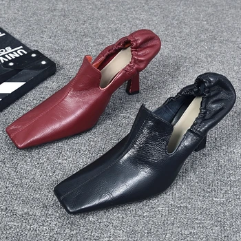 

Genuine Leather High Heels Women Square Toe Shoes Thin Heels Sheepskin Insole Fashion Brand Pumps Women 2020 New Heels