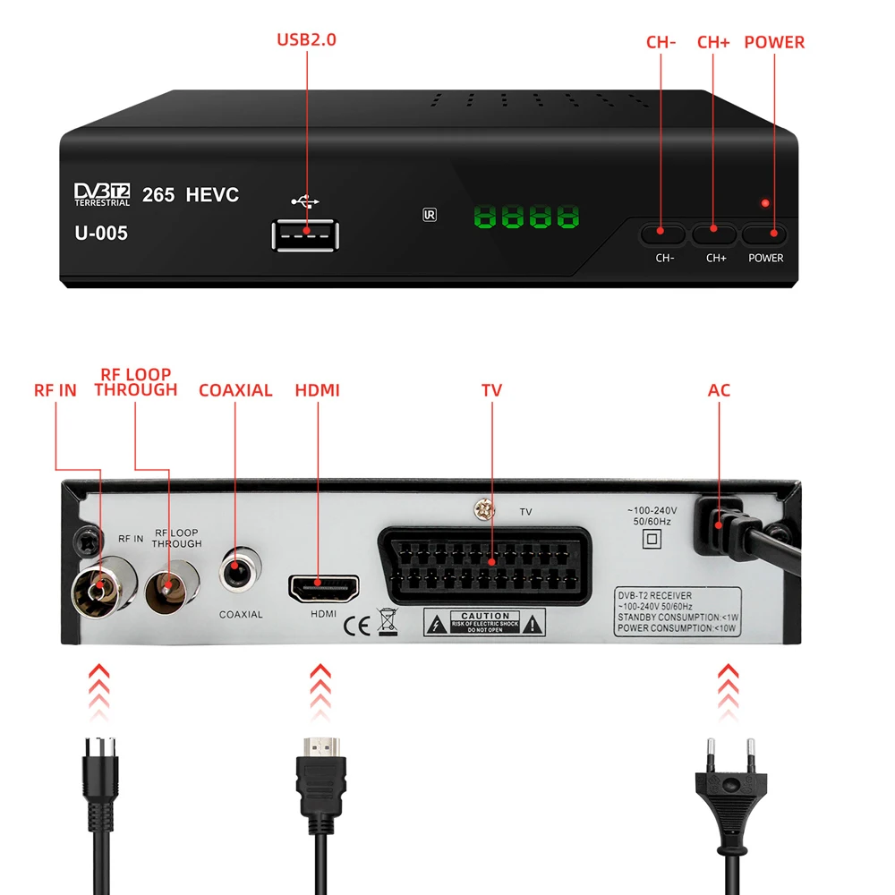 ТВ Декодер DVB-T2 цифровой ресивер цифровой ТВ конвертер коробка поддерживает H.265/HEVC восстановление воспроизведения Полная совместимость с DVB-T/H264
