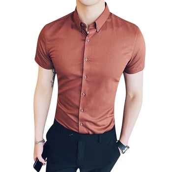

Brand New 2020 Summer Men Shirt Short Sleeve Solid Color Shirts Mens Slim Fit Casual Shirt Dress Night Club Prom Tuxedo Men