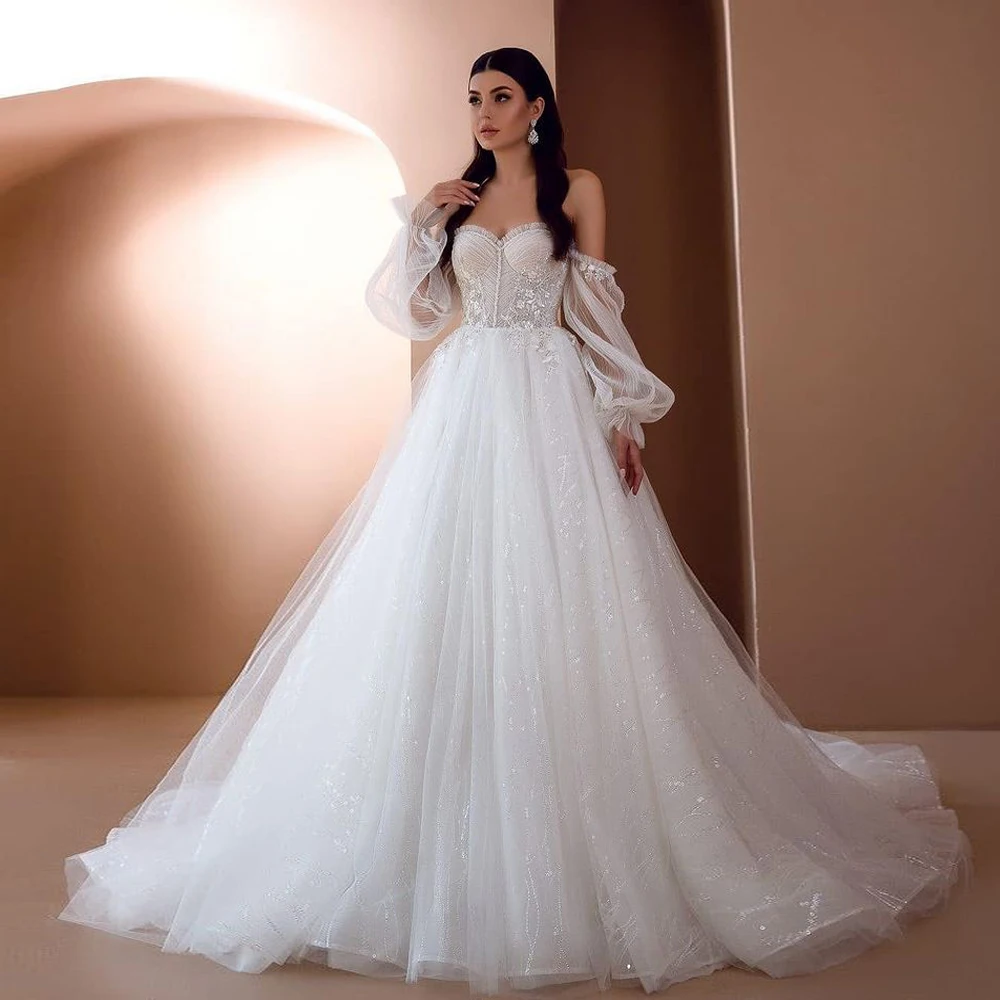 Classic Tulle Wedding Dresses Glitter A Line Sweetheart Pleated Puff Sleeve Detachable Princess Bridal Gowns wedding dresses