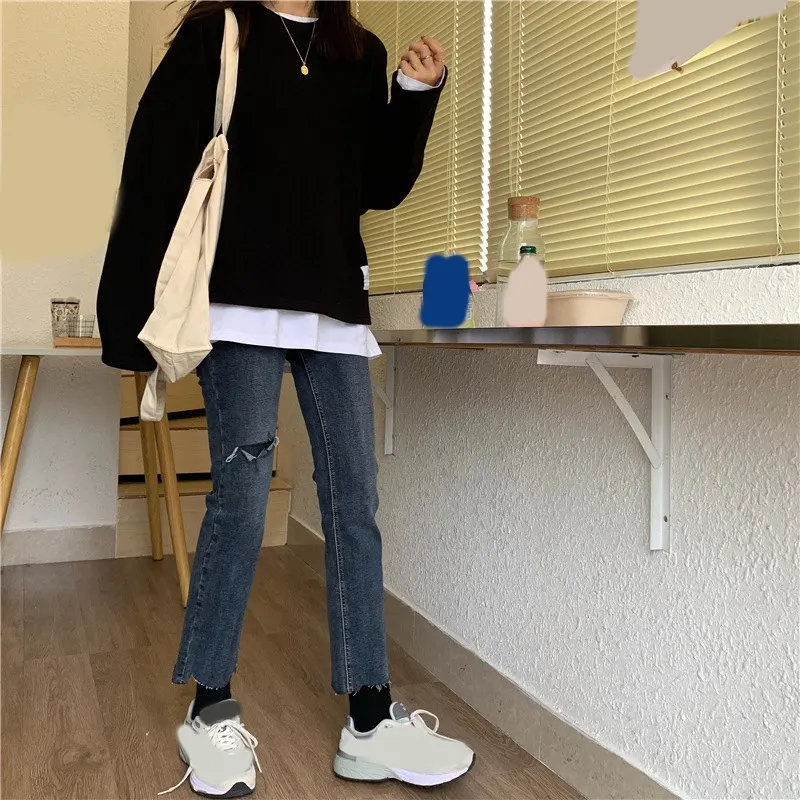 Blue blue Jeans RICININA, женские джинсы деним, женские штаны с высокой талией, пуговица, карман на молнии, дырки, винтажные обтягивающие джинсы, женские брюки, весна - Цвет: Blue blue Jeans