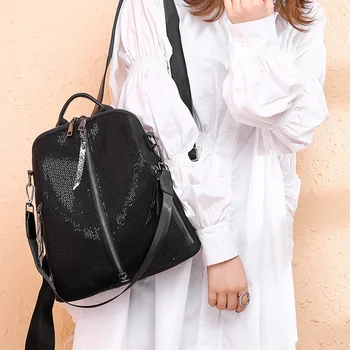 

New Korean Travel Backpack Casual Student Bag Women'S Nylon Waterproof Black Sequin Backpack Female