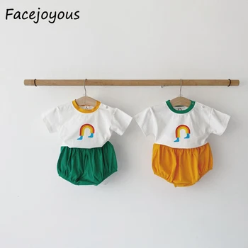 

2020 New Summer Baby Girls Cotton Short Sleeve T Shirt And Shorts 2 Pieces Suit Boys Rainbow Pattern Clothing Set Kids Clothes