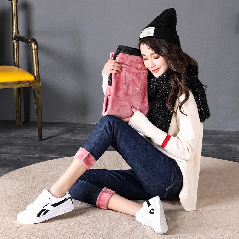 

Jeans Thick Women Warm Casual High Waist Long Bottom Pencil Splicing Coral Velvet Winter Korean Fashion Slim Girl's Trouser A62