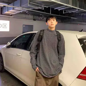 

Spring and autumn long sleeve t-shirt men's fashion label versatile ins loose half high collar sweater couple chic with striped