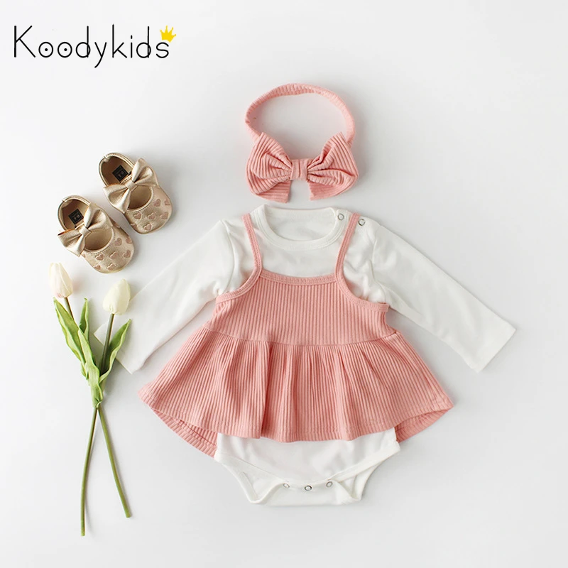Koodykids/весенние боди для маленьких девочек; хлопковый комплект одежды с длинными рукавами; модные комбинезоны для маленьких девочек с платьем; повязка на голову; От 0 до 2 лет