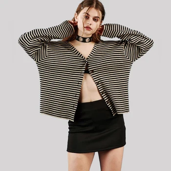 

Women Button Knit Oversized Striped Cardigan Casual Striped Knit Top