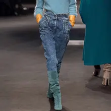 Джинсовые брюки для женщин, высокая талия, пэтчворк, тяжелые заклепки, длинные джинсы для женщин, весна, уличная мода