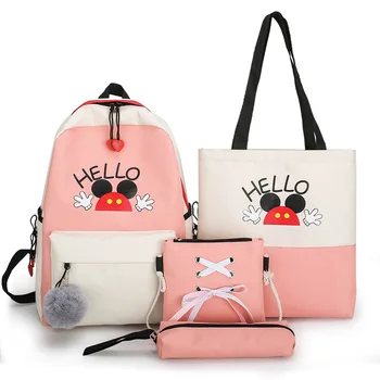 

4Pcs/Set Travel Canvas Backpacks For School Teenagers Girls Large Capacity Mickey Backpack Ladies Shoulder Bag Mochila Feminina