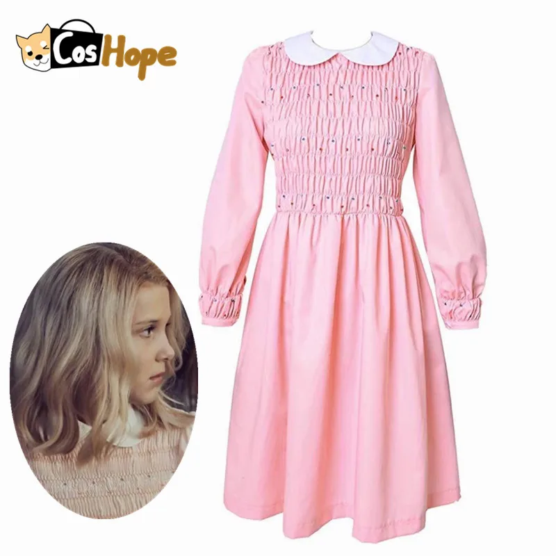 

Stranger Things Eleven Costume Girl's Women Pink Eleven Dress Cosplay Costume Halloween Costumes for Women Long Sleeves Outfit