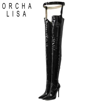 

ORCHA LISA Women Waist High Boots Pointed Toe High Thin Heels 12.5cm Pole Dance Patent Leather Zip Sexy Party Big Size 47 C2194