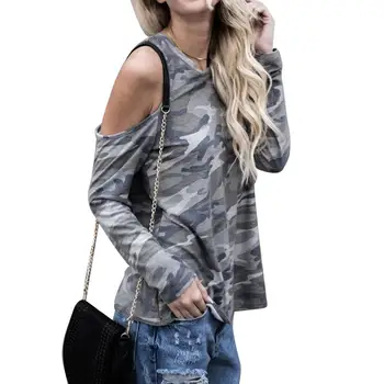 

New Fashion Women Summer Camouflage Open Shoulder Long Sleeve Casual Tops T-Shirt
