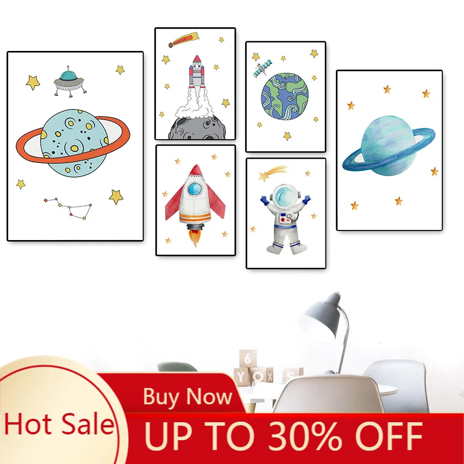 Poster E Stampe Nordici Poster Astronauta Rocket Ship Star Wall Art Canvas Painting Kindergarten Wall Picture Kids Home Decor