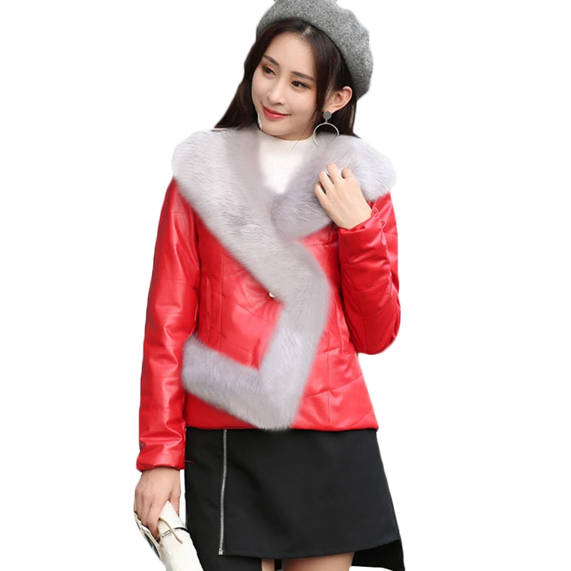 

New Winter Thick Warm Down Cotton Padded Short Leather Jacket Female Imitation Fox fur collar PU Leather Jackets F1082