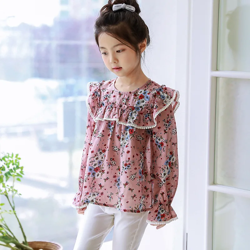 

2018 Spring New Products Girls Long Sleeve Floral Shirt Korean-style Childrenswear Big Boy Flounced Tops D086