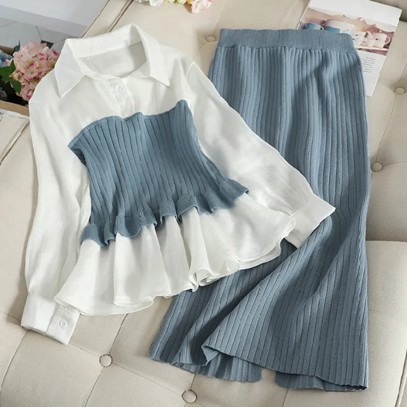 Осень-зима 2020 модные комплекты блузка пуловер в стиле пэчворк трикотаж +