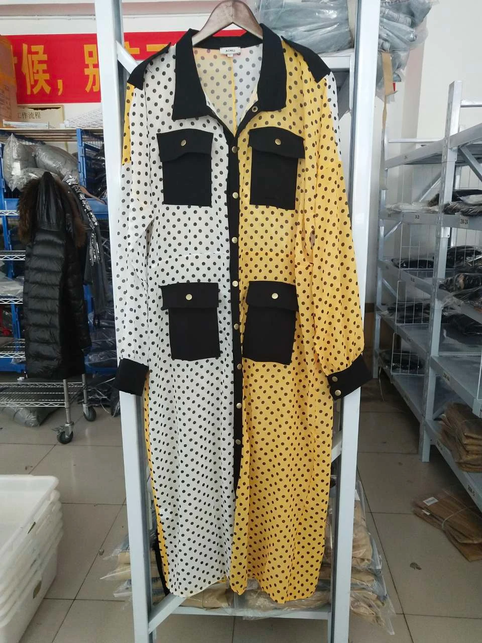 DEAT 2020 New Autumn And Summer Turn-down Collar Full Sleeves Polka Dots Printed Contrast Colors Shirt Dress WJ77807XXL