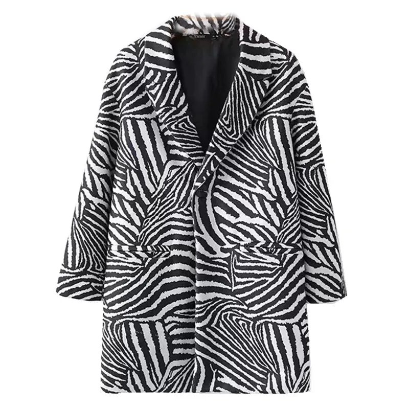 Зимнее пальто из искусственной шерсти с черно-белым зебровым принтом, Женский Тренч средней длины с зубчатым воротником и длинным рукавом, свободная верхняя одежда