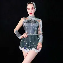 Разноцветные стразы, боди с длинными рукавами, для дня рождения, празднования, танцевальный костюм, вечерний женский певец, Пром, бахрома, купальник