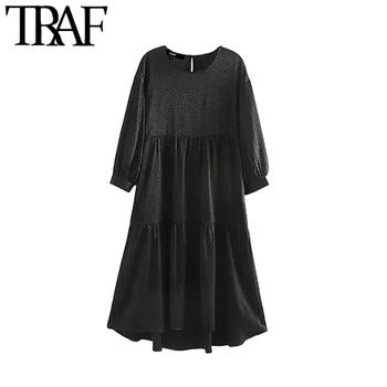 

TRAF Women Vintage Stylish Leopard Print Irregular Midi Dress Fashion Three Quarter Sleeve Animal Pattern Female Dresses Vestido