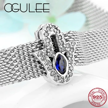 

925 Sterling Silver Eye of Fatima's hand Clear and Blue CZ clip beads Fit Original reflection Clip Charm Watch Bracelet Jewelry