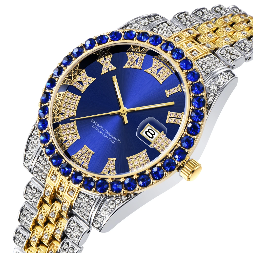 Iced Out Watch Men Hip Hop Luxury Big Rocks w/ Roman Numerals Fashion Quartz Men's Watches Waterproof Bling Diamond Relogio xfcs