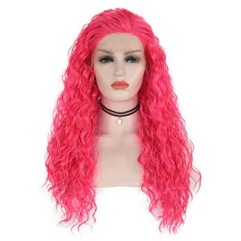 

AIMEYA Pink Long Water Wave Synthetic Lace Front Wig Free Part Glueless for Women Heat Resistant Fiber Hair Cosplay Lace Wigs