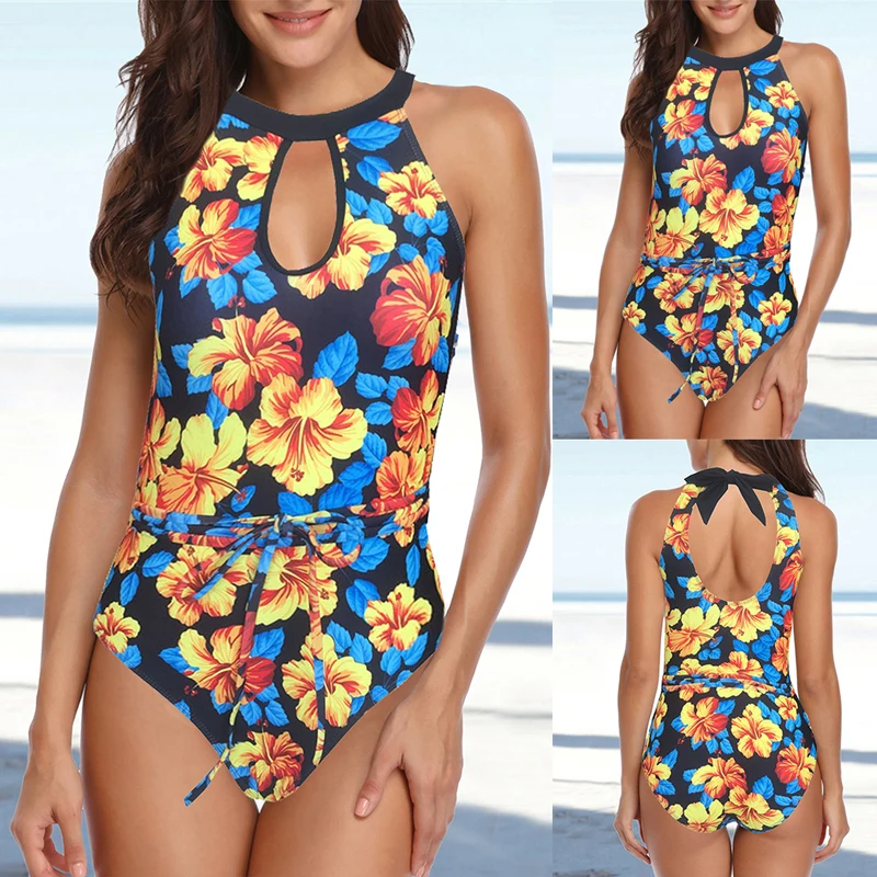 Женский комплект бикини с цветочным принтом купальник в винтажном стиле полоску