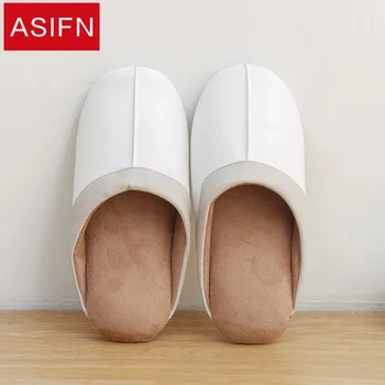 

ASIFN Women Cotton Slippers Japanese-style Leather Men Plush Modis Frosted Bottom Winter Home Floor Male Indoor Couples