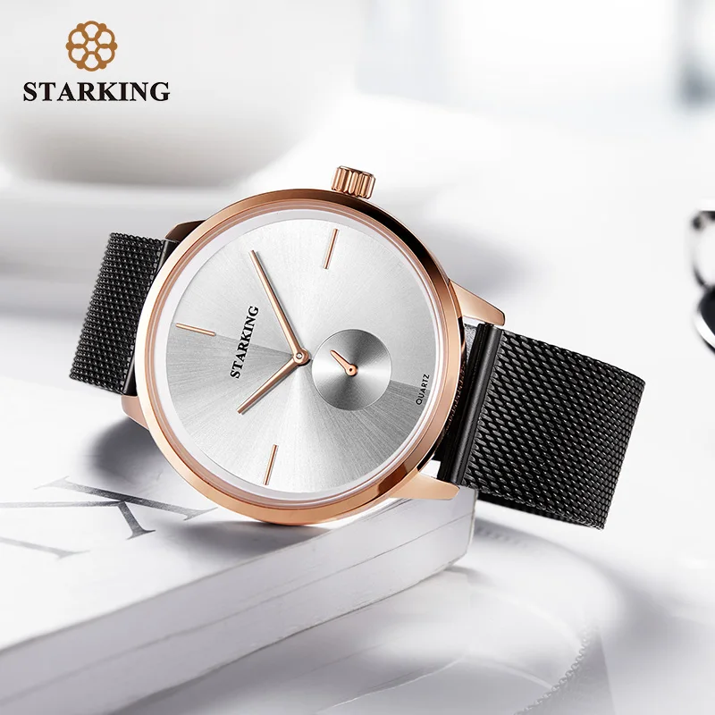 STARKING Lovers Watch Quartz Minimal Watch Men Women Stainless Steel Mesh Band Couples Watches Set Valentine Watches relogios