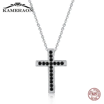 

KAMERAON Silver 925 Necklace Cross Love and Redemption Pendant Neck Decoration Simulated Black White Diamond Womens Jewellery