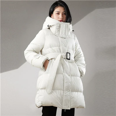 Новинка, осенне-зимняя женская куртка-пуховик на утином пуху, приталенное теплое пальто с капюшоном и высокой талией, Женская плотная верхняя одежда с поясом D199 - Цвет: Бежевый