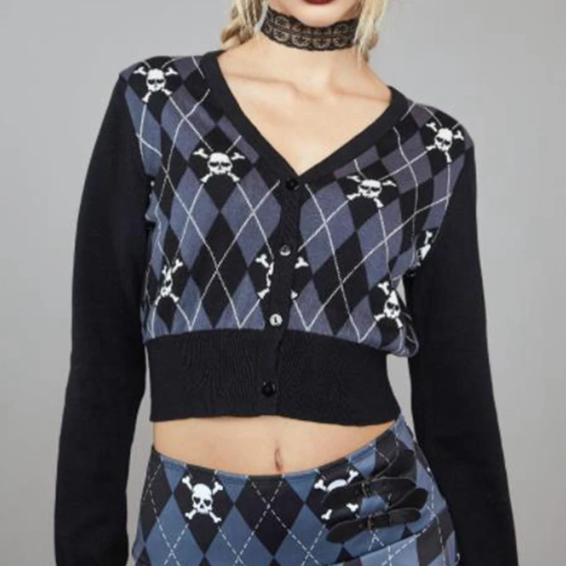 Punk Style Skulls Print Knitwear E-girl Mall Goth Knitted Sweater Autumn V Neck Long Sleeve Crop Cardigan Women Vintage Clothes |