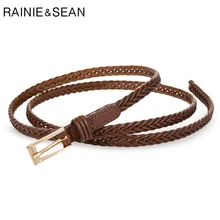 

RAINIE SEAN Leather Braided Belts Vintage Women Belt for Dresses Thin Strap Woven Strap Coffee Korean Fashion Ladies Knot Belt