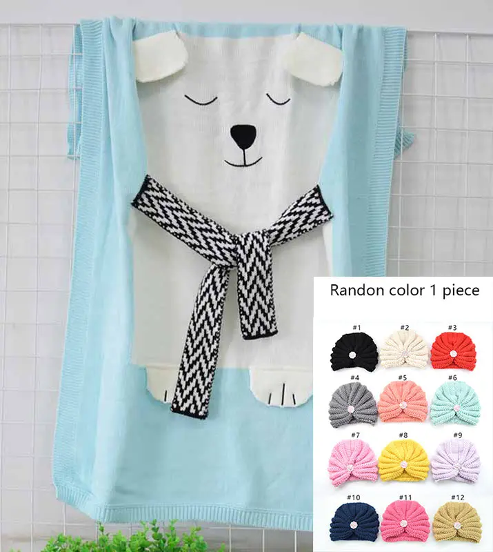 blue bear and hat Вязаное одеяло с рисунком лисы, медведя, серого, голубого и розового цветов, покрывало с акриловой повязкой на голову, шапка для малышей, одеяло для сна - Цвет: blue bear and hat