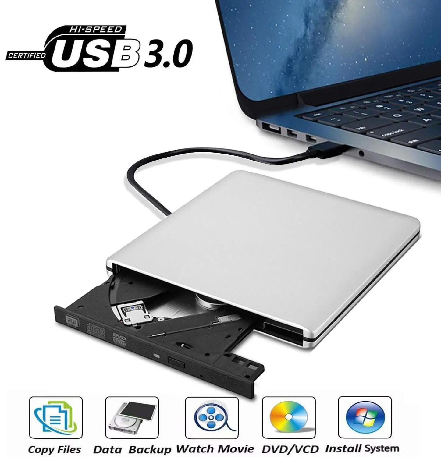 Lecteur CD DVD externe, USB 3.0 Portable CD DVD +/-RW Graveur CD DVD ROM  Ultra-mince Lecteur CD DVD