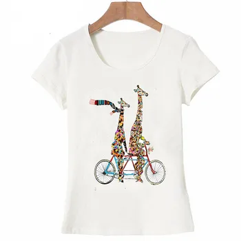 

New animal cartoon summer Women t-shirt the giraffes love to venture out on the tandem bicycle T-Shirt maiden Tops ladies Tees