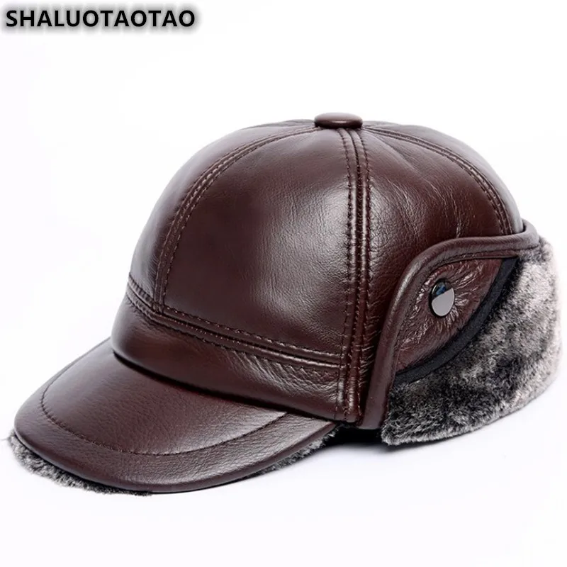 SHALUOTAOTAO трендовая мужская шапка из натуральной кожи, зимняя бархатная теплая бейсбольная кепка, модные утепленные брендовые шапки для папы из воловьей кожи, новинка