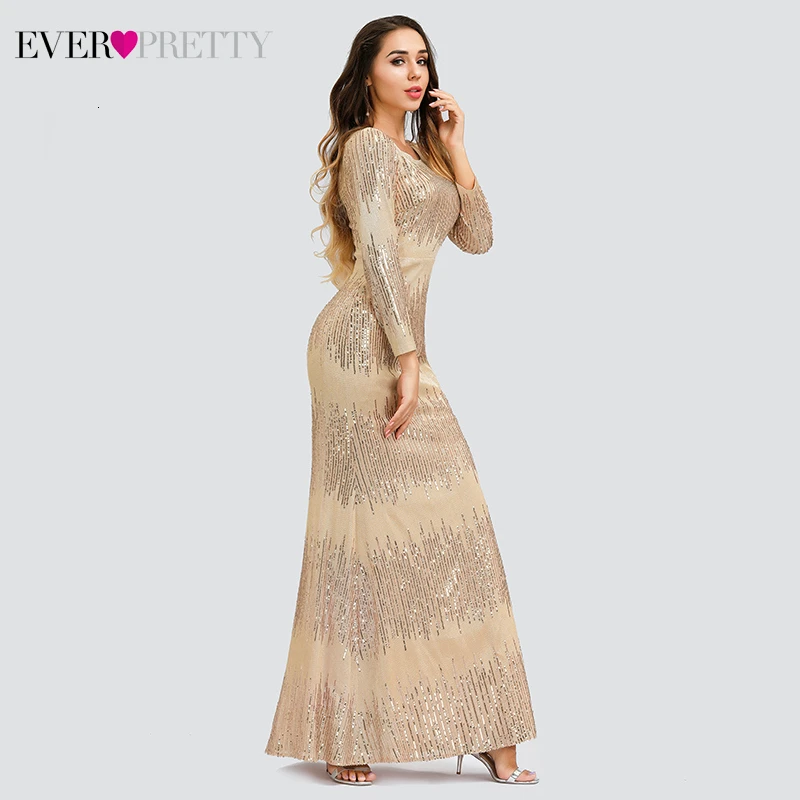 Сексуальное розовое Золотое вечернее платье с блестками и длинным рукавом, с круглым вырезом, Осень-зима, вечерние платья в стиле русалки, Vestidos Elegantes