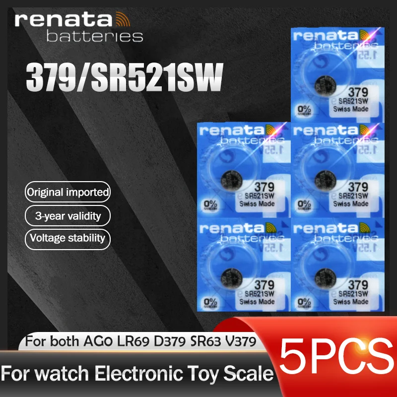 5Pcs/Lot 100% Original Brand New renata 379 Silver Oxide Watch Battery SR521SW 521 1.55V Button Cell Batteries | Электроника