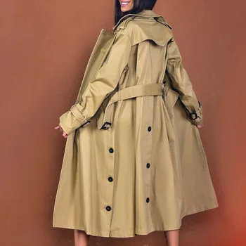 

New double breasted accept waist long windbreaker female temperament joker leisure retro loose coat