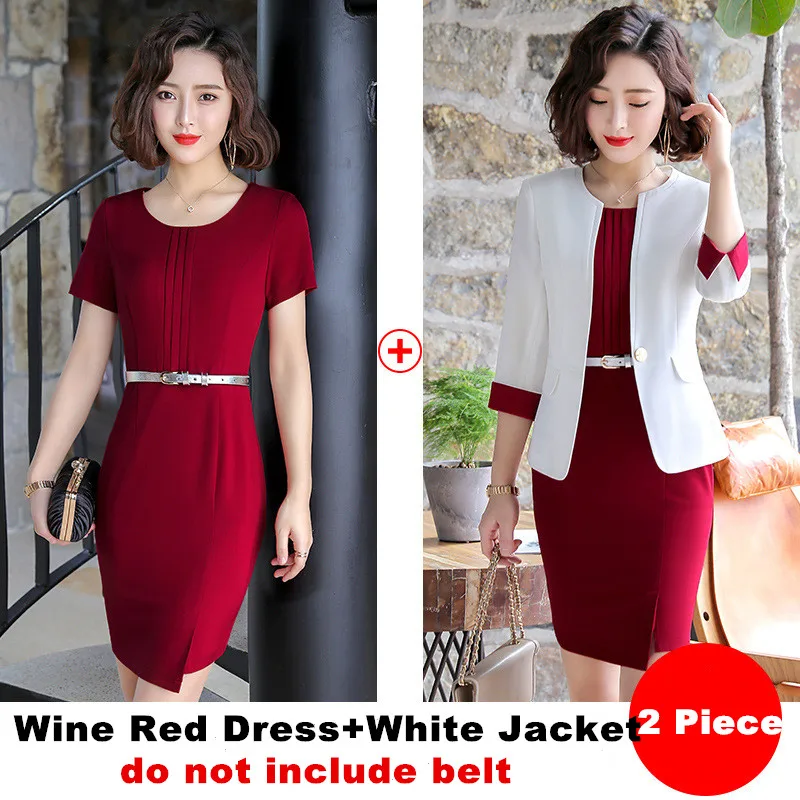 wine red suit Платье с костюмом для женщин весеннее офисное женское платье с разрезом спереди для похудения куртка с рукавом 3/4 комплект из 2 предметов платье костюм 1909 - Цвет: wine red suit