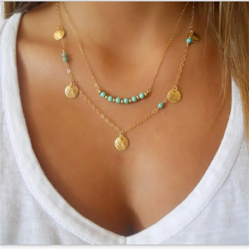 

Bohemian Style Multilayered Chain Necklace Gold Round Circle Pendant Necklace for Women Fashion Clavicle Jewelry