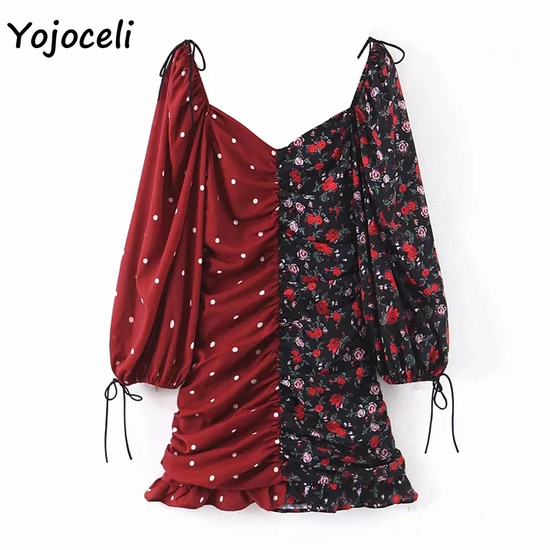 Yojoceli платье в стиле пэчворк с цветочным принтом, женское пляжное платье в стиле бохо, мини-платье с рюшами и бантом