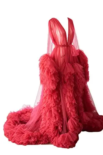 Unique Prom Dresses Custom Made Tulle Maternity Robes Women Photoshoot Evening Gowns Fluffy Tiered Tulle Robe Formal Party Dress Red