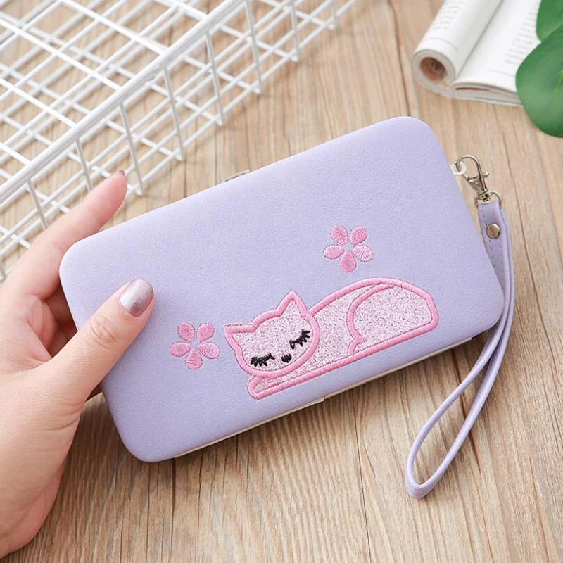 light purple Мультяшный длинный женский кошелек с вышитым котом, Большой Вместительный клатч, классический стиль, Дамский кошелек, милый кошелек для карт - Цвет: light purple
