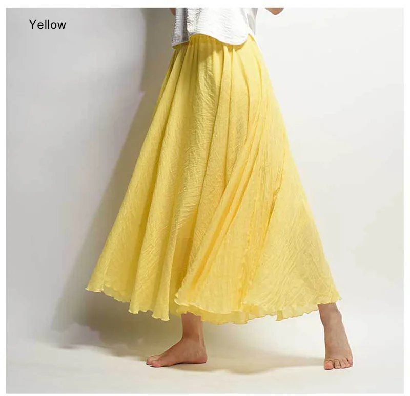 Женская льняная длинная юбка с высокой талией элегантная Летняя женская Повседневная Эластичная Талия 2 слоя юбки saia feminina 20 цветов - Цвет: Цвет: желтый