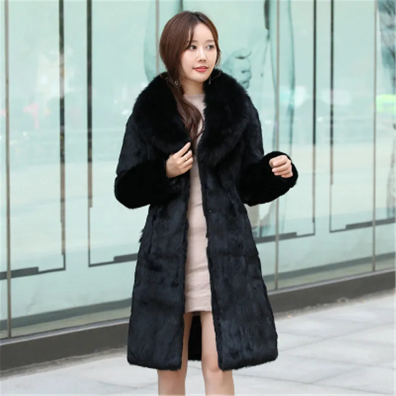 lapel length 90cm Высококачественное пальто из кроличьего меха, новое зимнее женское пальто с капюшоном, плюс размер, 6XL, роскошное меховое пальто, толстое теплое пальто с воротником из натурального Лисьего меха, пальто с отворотом - Цвет: lapel length 90cm
