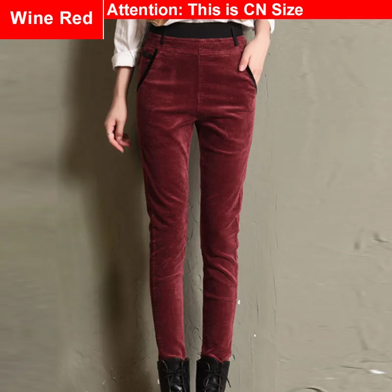 Wine Red Розовые вельветовые брюки-карандаш с высокой эластичной талией размера плюс 3Xl 4Xl, женские повседневные флисовые брюки с карманами на зиму и осень - Цвет: Wine Red
