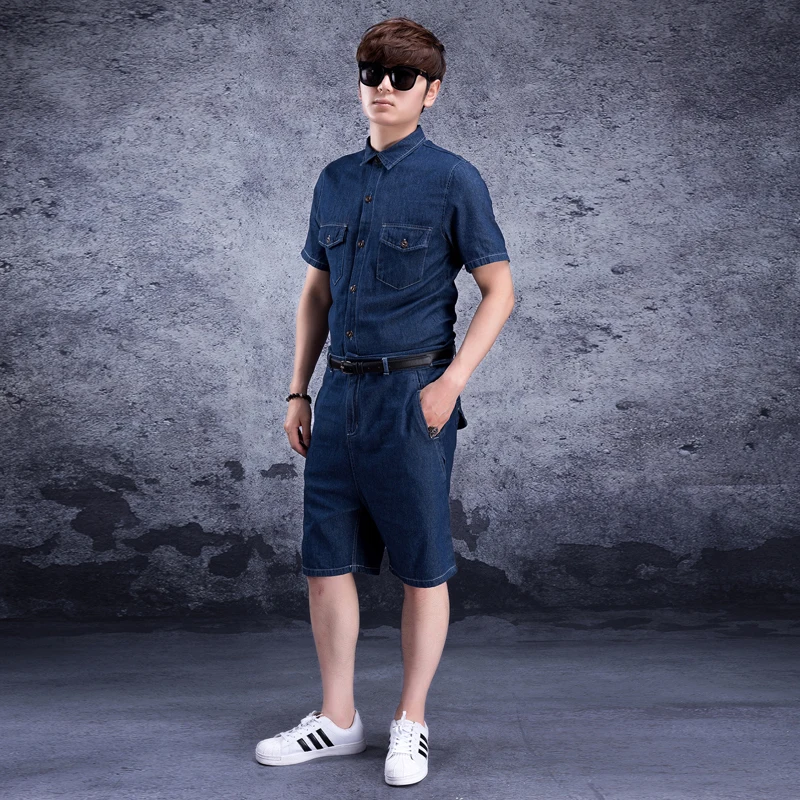Siamese denim men's jumpsuit denim suit Siamese men's tide jumpsuit men's wear tide denim shorts short sleeve summer